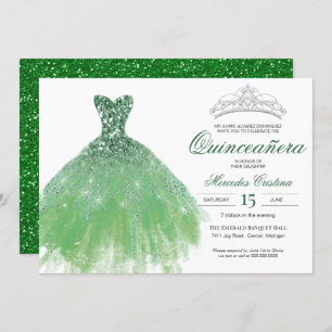 Green Glitzer Glam Gown Quinceañera Einladung