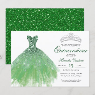 Green Glitzer Glam Gown Quinceañera Einladung