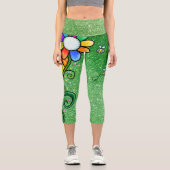 Green Glitzer Glam - Retro-Blume, Sonnenschein, Bi Capri Leggings (Vorderseite)