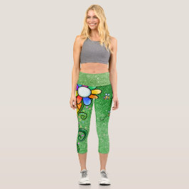 Green Glitzer Glam - Retro-Blume, Sonnenschein, Bi Capri Leggings