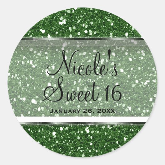 Green Glitzer Glam Sweet 16 Custom Gastgeschenk Runder Aufkleber (Vorderseite)