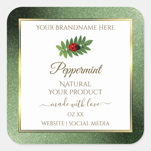 Green Glitzer Gold und White Product Label Ladybug Quadratischer Aufkleber (Vorderseite)