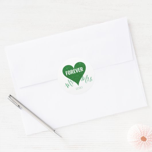 Green Glitzer Heart+Mrs Round Sticker (Umschlag)