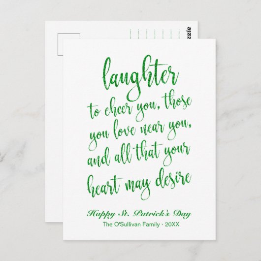 Green Glitzer Irish Toast St. Patrick's Day Postkarte (Vorne/Hinten)