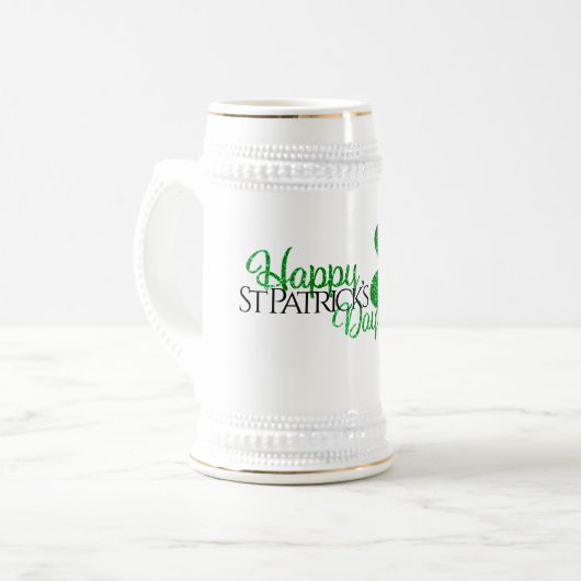 Green Glitzer Kleeblatt Happy St Patrick's Day Bierglas (Vorderseite Links)