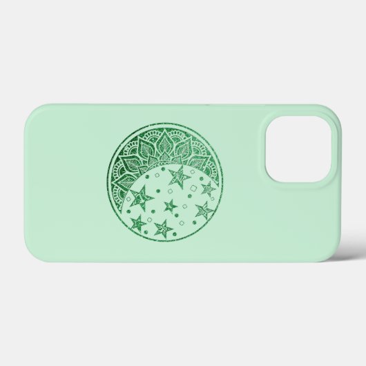 Green Glitzer Moon and Stars Mandala Case-Mate iPhone Hülle (Rückseite (Horizontal))
