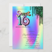 Green Glitzer Tropfen Holographic Balloon Sweet 16 Einladung (Vorderseite)