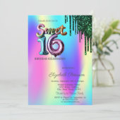 Green Glitzer Tropfen Holographic Balloon Sweet 16 Einladung (Stehend Vorderseite)
