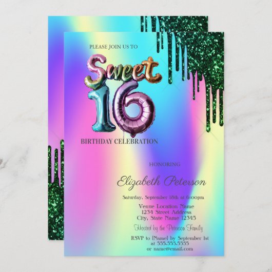 Green Glitzer Tropfen Holographic Balloon Sweet 16 Einladung (Vorne/Hinten)