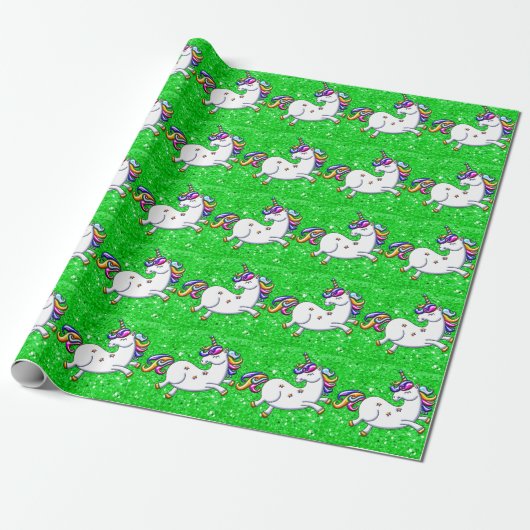 Green Glitzer Unicorns Geschenkpapier (Ungerollt)