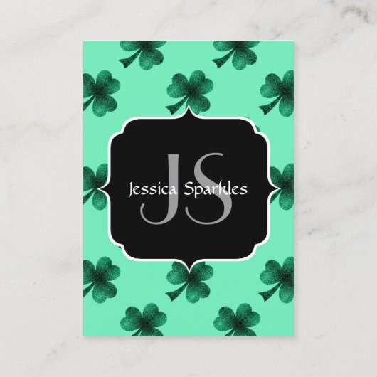 Green Glitzern Kleeblatt St. Patrick' Day Monogram Visitenkarte (Rückseite)