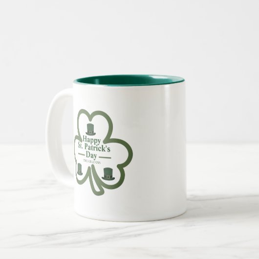 Green-Glücks-Kleeblatt-Script St. Patrick's Day Zweifarbige Tasse (Vorderseite Links)