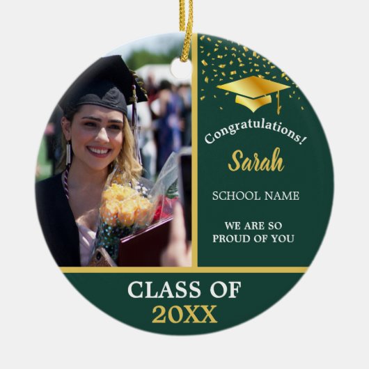 Green Gold Abschluss Custom Foto Class of 2025 Keramik Ornament (Vorne)