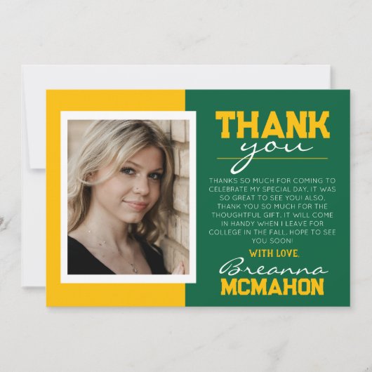 Green & Gold Abschluss Foto Danke Karte (Vorderseite)
