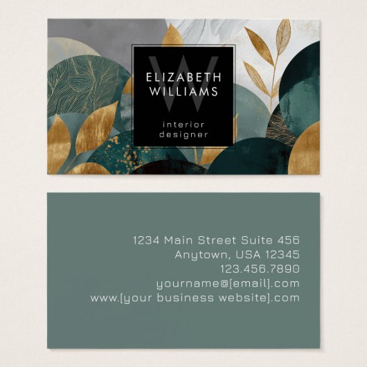 Green Gold Abstract Leaves Monogram Business Cards (Vorne & Hinten)