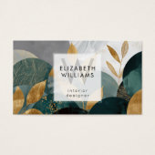 Green Gold Abstract Leaves Monogram Business Cards (Vorderseite)