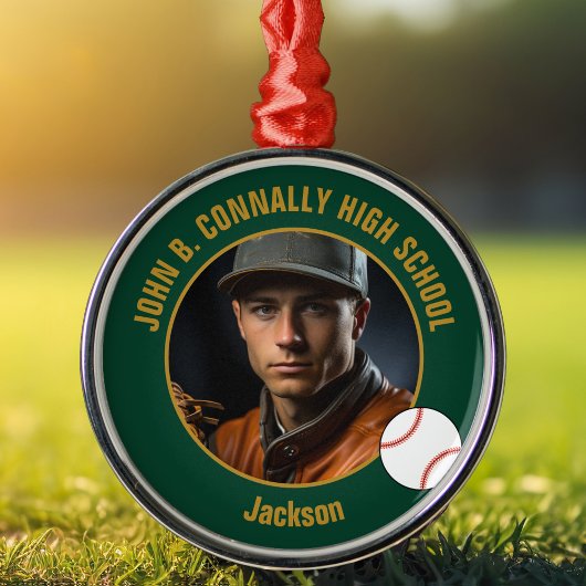 Green Gold Baseball Player Photo Christmas Ornament Aus Metall