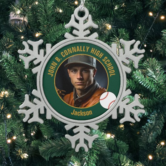 Green Gold Baseball Player Photo High School Schneeflocken Zinn-Ornament