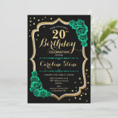 Green Gold Black Floral 20. Geburtstag Einladung (Stehend Vorderseite)