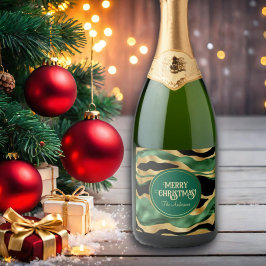 Green Gold Black Glitzer Waves Schaumweinetikett