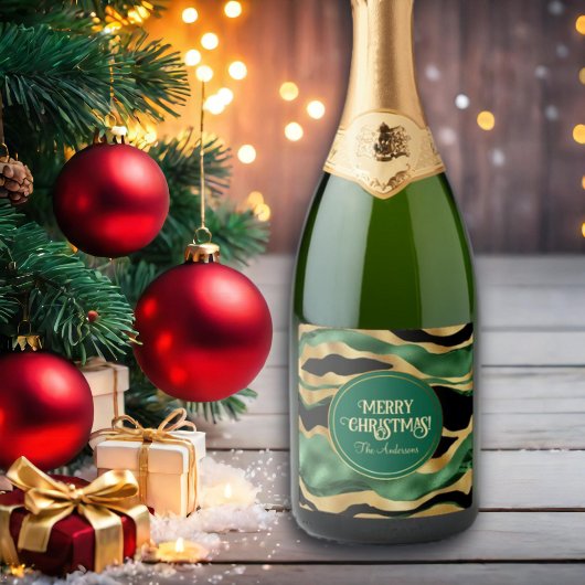 Green Gold Black Glitzer Waves Schaumweinetikett