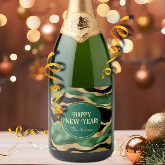 Green Gold Black Glitzer Waves Schaumweinetikett