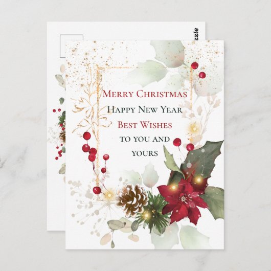 Green Gold Blätter Red Berry Poinsettia Weihnachte Postkarte (Vorne/Hinten)