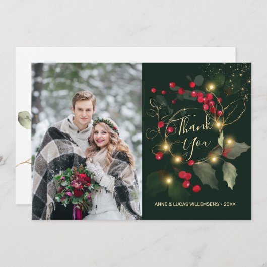 Green Gold Blätter Red Berry Wedding Dankeschön Ca Dankeskarte (Vorne/Hinten)