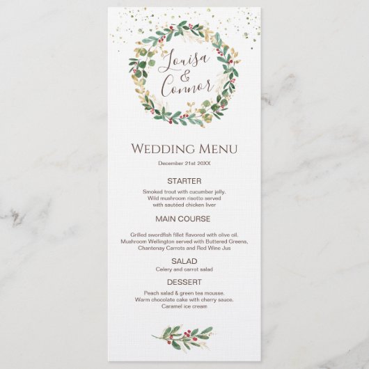 Green Gold Blätter Red Berry Wedding Menu Menükarte (Vorderseite)