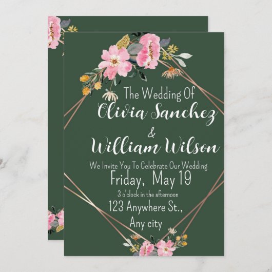 Green Gold Blush Pink Country Wedding  Einladung (Vorne/Hinten)