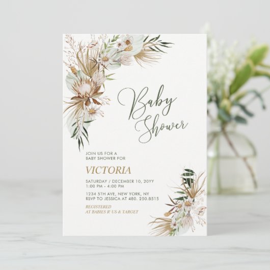 Green & Gold Boho Botanical Baby Dusche Einladung (Stehend Vorderseite)