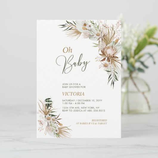 Green & Gold Boho Botanical Oh Baby Dusche Einladung (Stehend Vorderseite)