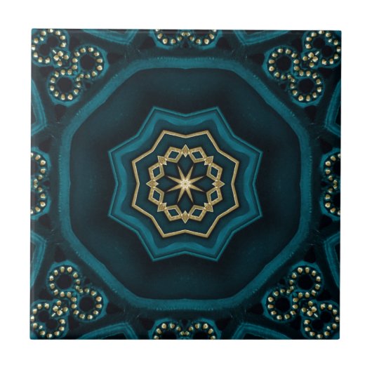 Green Gold Boho Rosette Mandala Fliese (Vorderseite)