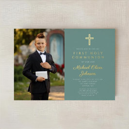 Green Gold Boy Foto Erste Kommune Folieneinladung