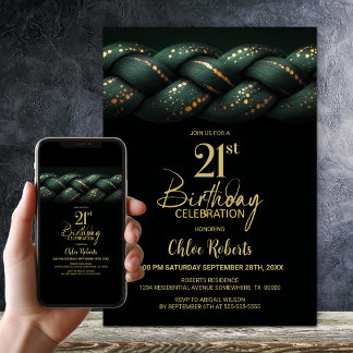 Green Gold Braid 21. Geburtstag Party Einladung