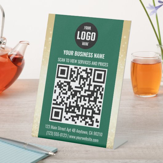 Green & Gold Business QR Code Pedestal Sign Sockelschild (In Situ)