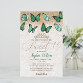 Green Gold Butterfly Sweet 16 Einladung (Stehend Vorderseite)