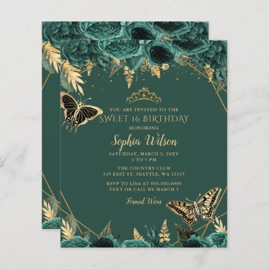 Green Gold Butterfly Sweet 16 Einladung (Vorne/Hinten)
