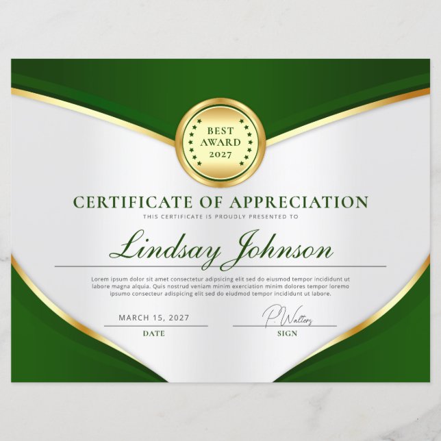 Green & Gold Certificate of Appreciation Flyer (Vorderseite)