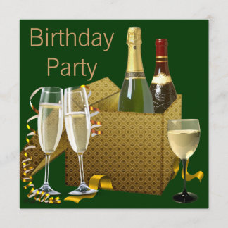 Green Gold Champagne Wine Glasses Geburtstagsparty Einladung