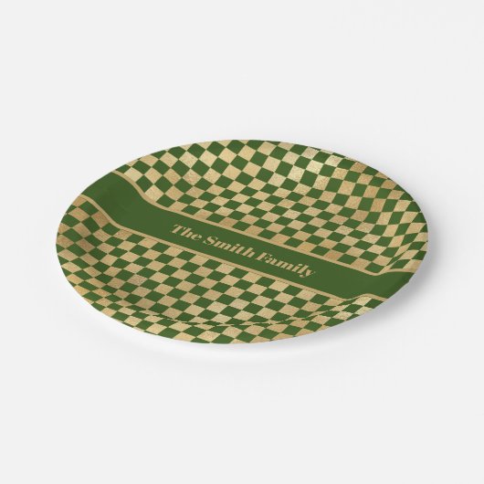 Green Gold Checkered Paper Plate Pappteller (Schrägansicht)