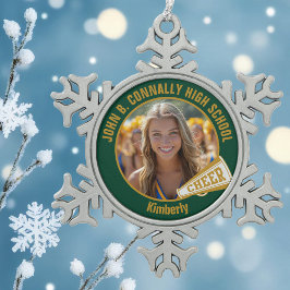 Green Gold Cheerleader Photo High School Schneeflocken Zinn-Ornament