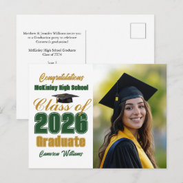 Green Gold Class of 2026 Graduate Photo Graduation Ankündigungspostkarte