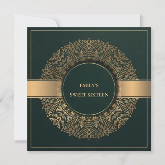 GREEN GOLD CLASSY VERZIERT MANDALA SWEET 16 GEBURT EINLADUNG (Rückseite)