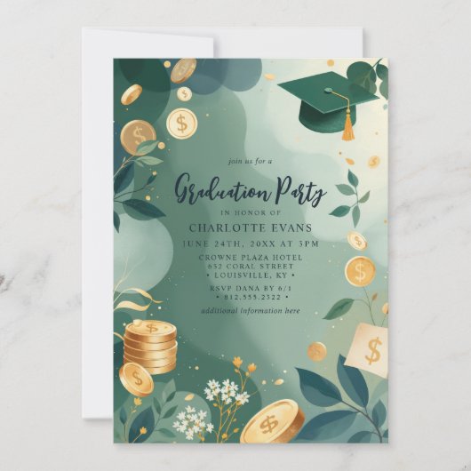 Green Gold Coins Finance Graduation Party Foto Einladung (Vorderseite)