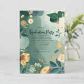 Green Gold Coins Finance Graduation Party Foto Einladung (Stehend Vorderseite)