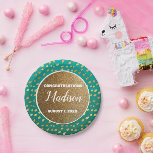 Green Gold Confetti Abschluss Uni Trunk Party Pappteller (Party)