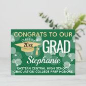 Green Gold Confetti Bokeh Bubbles Abschluss Einladung (Stehend Vorderseite)