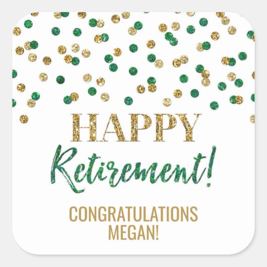 Green Gold Confetti Happy Retirement Quadratischer Aufkleber (Vorderseite)