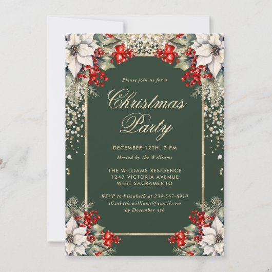 Green Gold Confetti Holly Berries Christmas Party Einladung (Vorderseite)